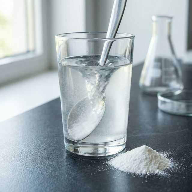 Creatine monohydrate powder being stirred into a glass of water