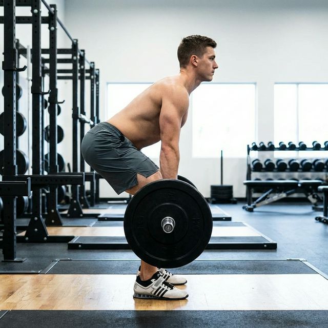 Proper conventional deadlift form — side view showing straight back and shoulder alignment