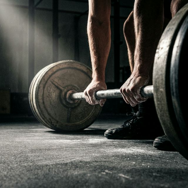 Chalked hands gripping a barbell for deadlift — the foundation of strength training